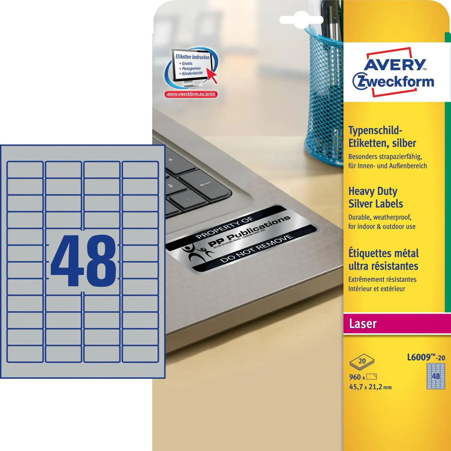 Этикетки серебристые Avery Zweckform L6009-20 (45,7×21,2 мм), 48 шт/лист, для температур от −40 до +150°C - Image 2