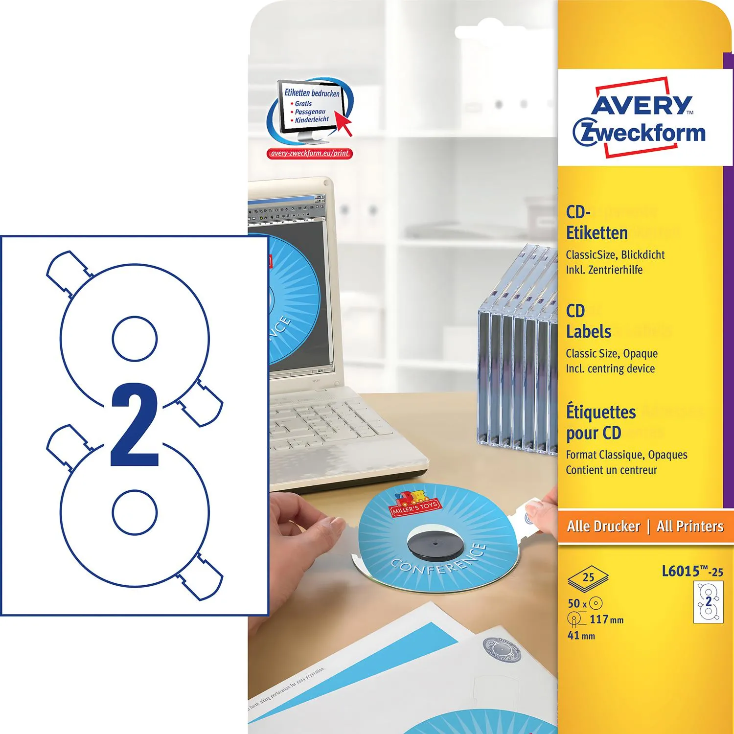 Этикетки для дисков Avery Zweckform L6015-25 (белые матовые, 25 шт., d=41 мм) - Image 2