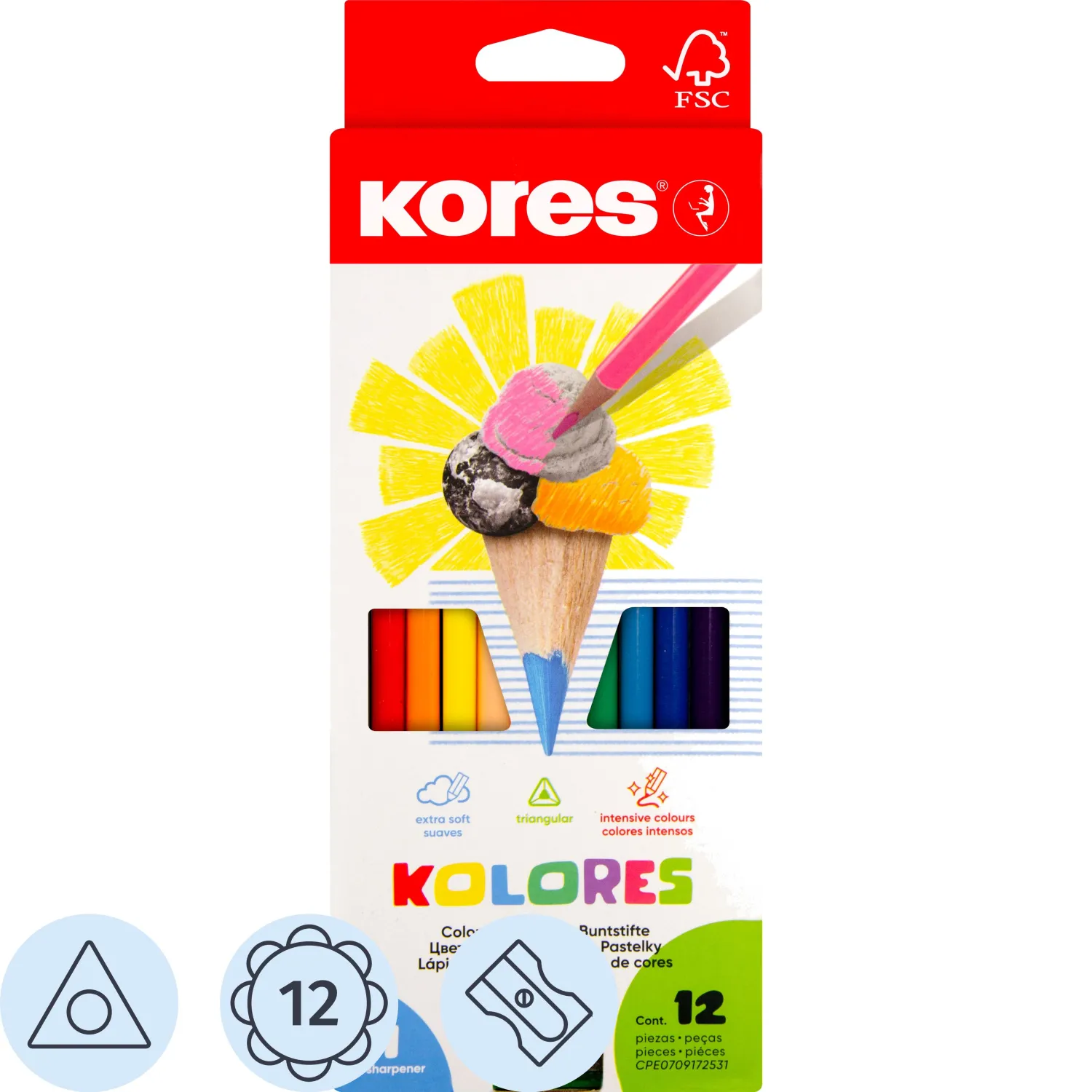 Карандаши цветные Kores Kolores 12 карандашей 12 цветов трёхгранные