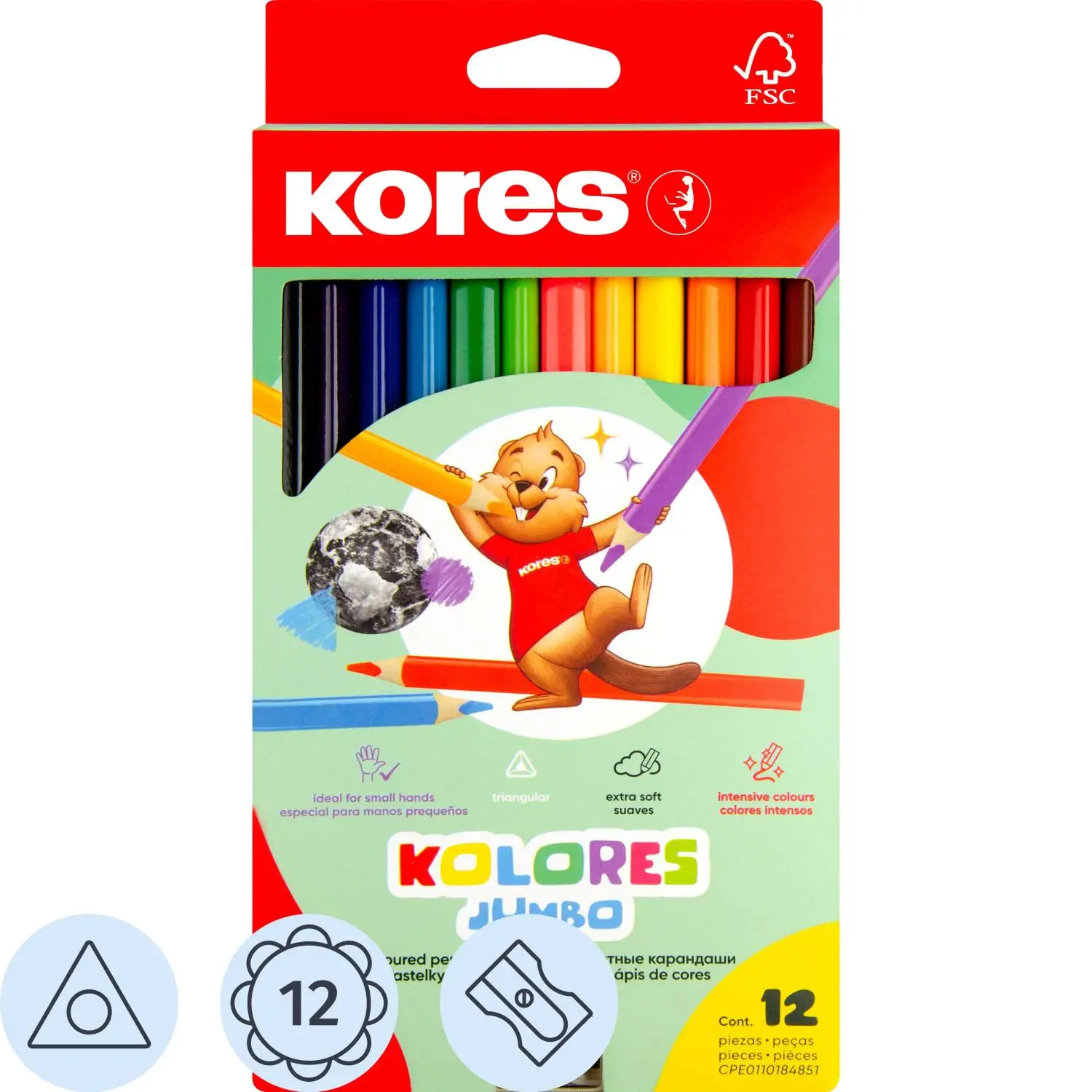Карандаши цветные Kores Jumbo 12 карандашей 12 цветов трёхгранные (утолщённые)