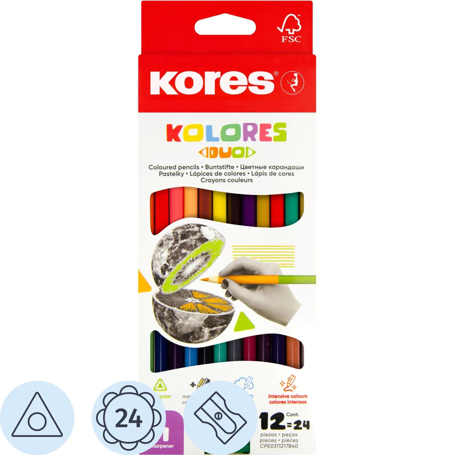 Карандаши цветные Kores Duo 12 карандашей 24 цвета трёхгранные (двусторонние)