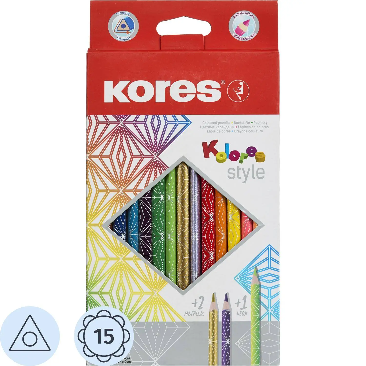Карандаши цветные Kores Kolores Style 15 карандашей 15 цветов трёхгранные (металлические, неоновые)