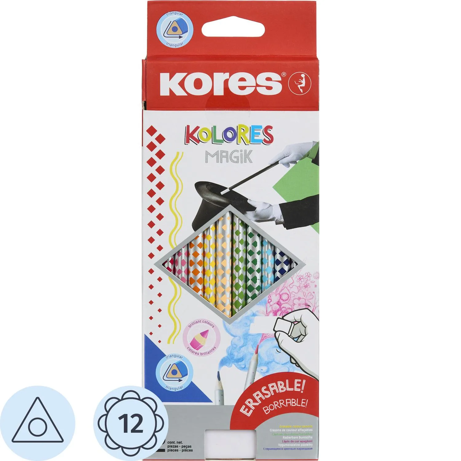 Карандаши цветные Kores Kolores Magik 12 карандашей 12 цветов трёхгранные стираемые