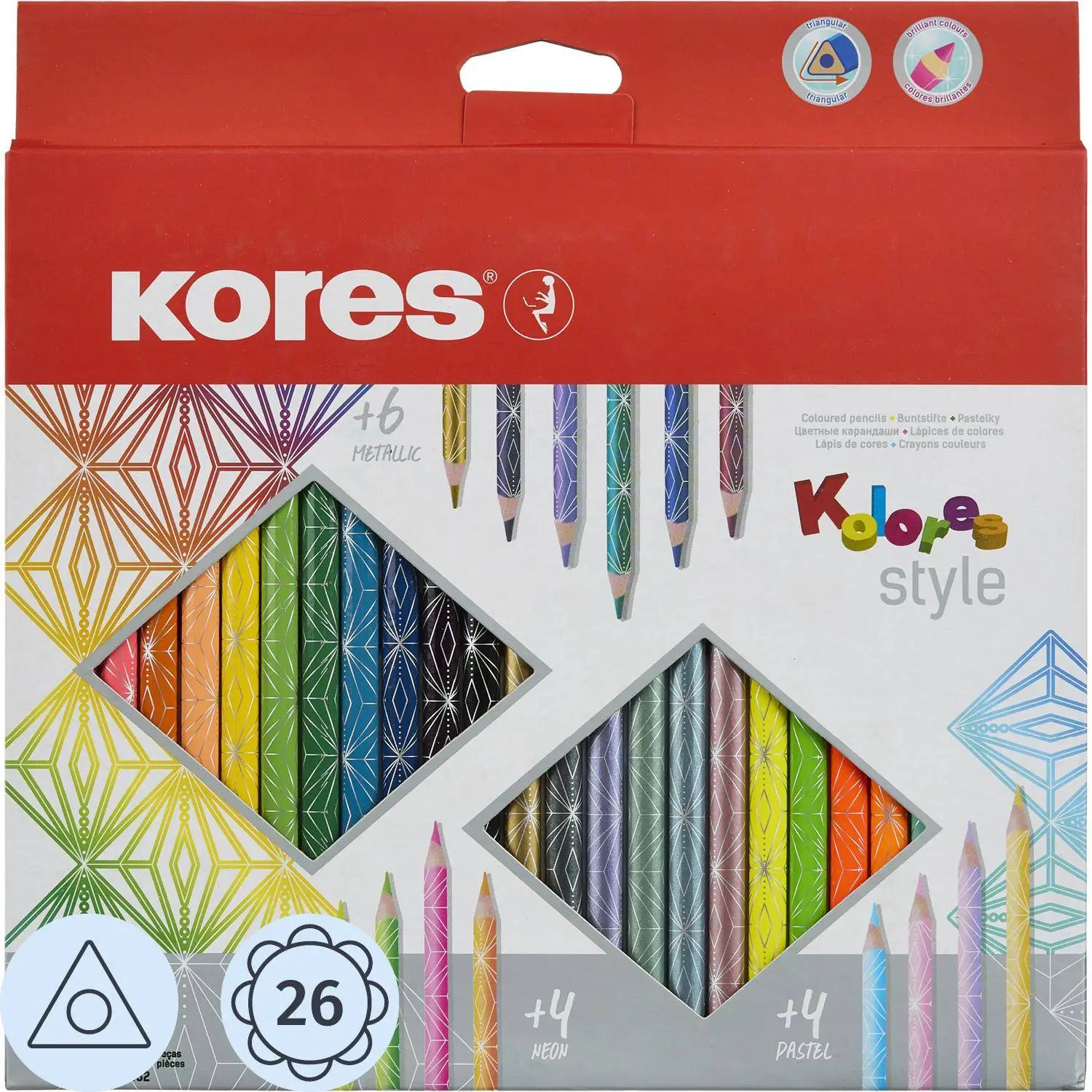 Карандаши цветные Kores Kolores Style 26 карандашей 26 цветов трёхгранные (металлические, неоновые, пастельные)