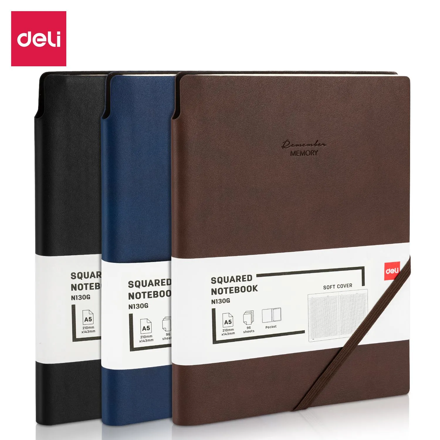 Бизнес-блокнот Deli Squared Notebook A5 искусственная кожа, резинка фиксации, тиснение, синий - Image 2