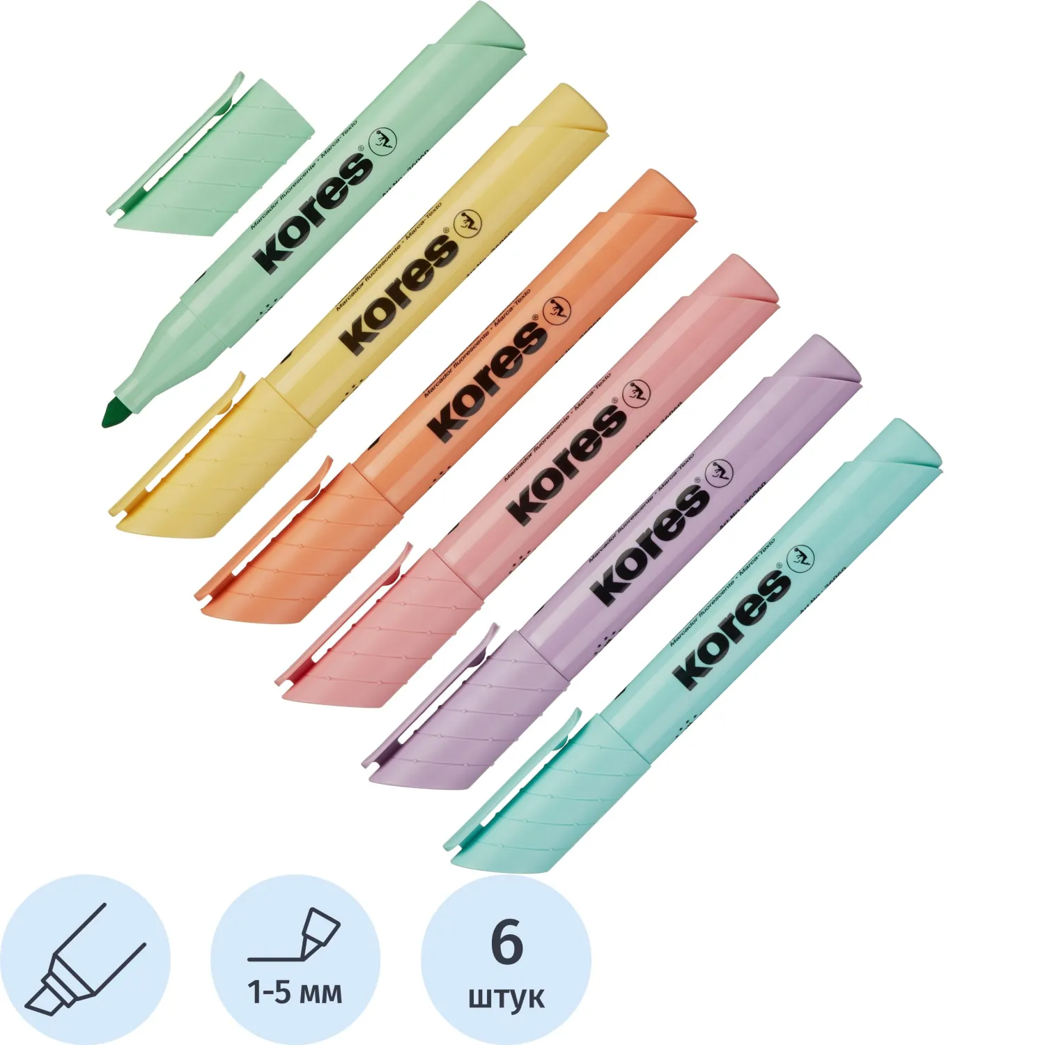 Текстовыделители Kores High Liner Plus, пастельные цвета, скошенный наконечник