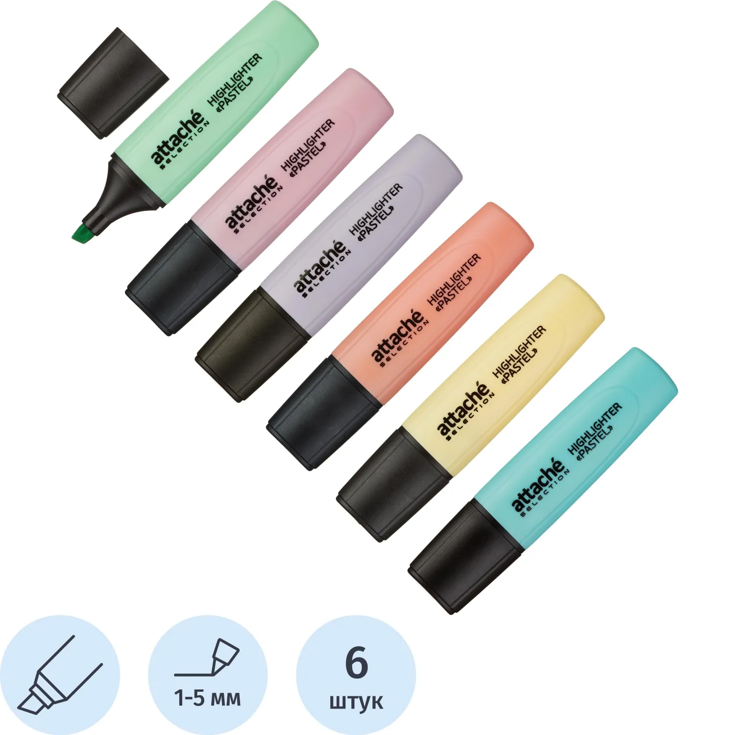 Набор текстовыделителей Attache Selection Pastel 6 пастельных цветов, водостойкие, скошенный наконечник