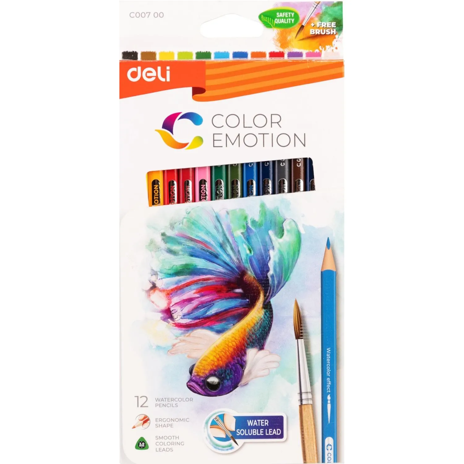 Карандаши акварельные Deli Color Emotion трёхгранные 12 цветов с кистью в наборе