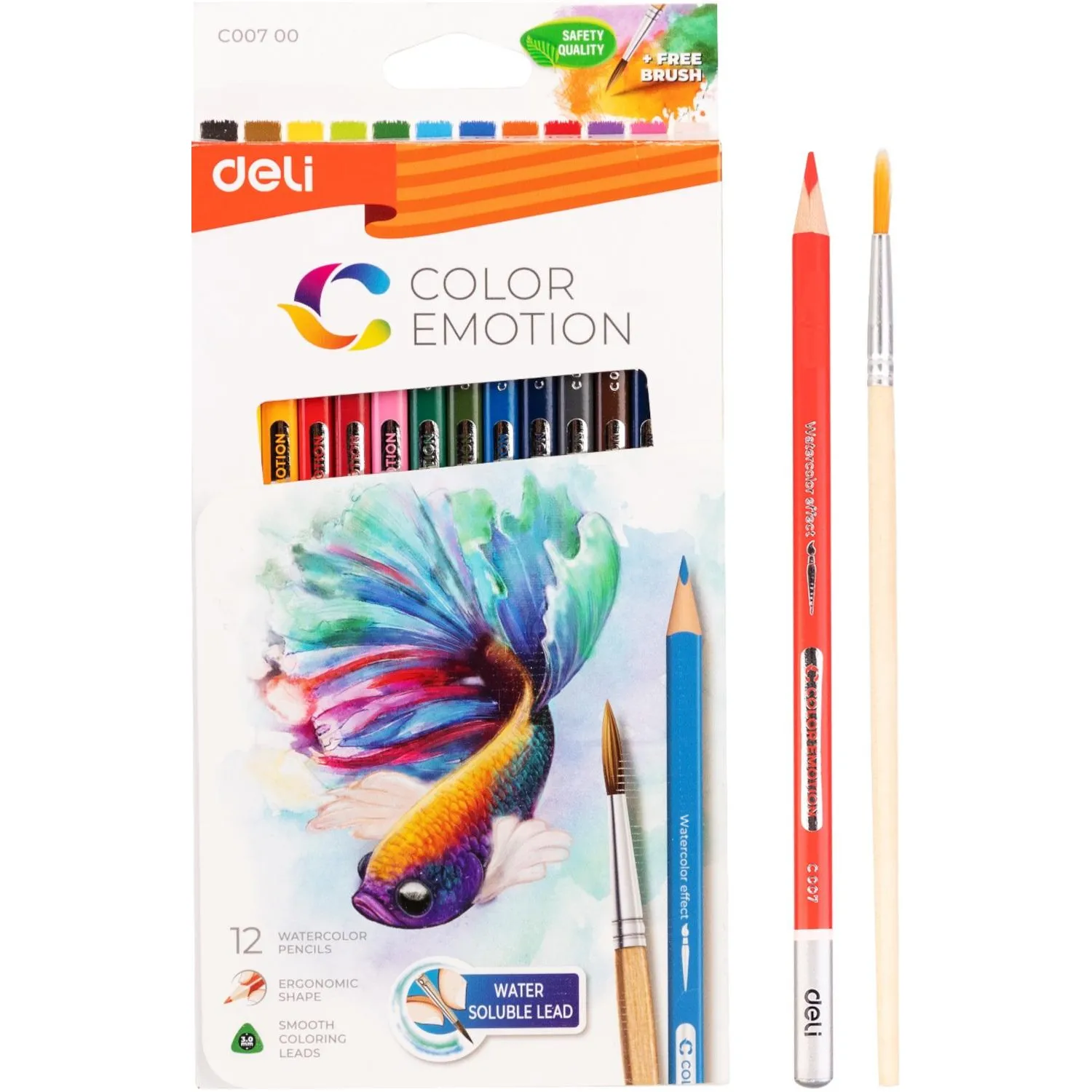 Карандаши акварельные Deli Color Emotion трёхгранные 12 цветов с кистью в наборе - Image 8