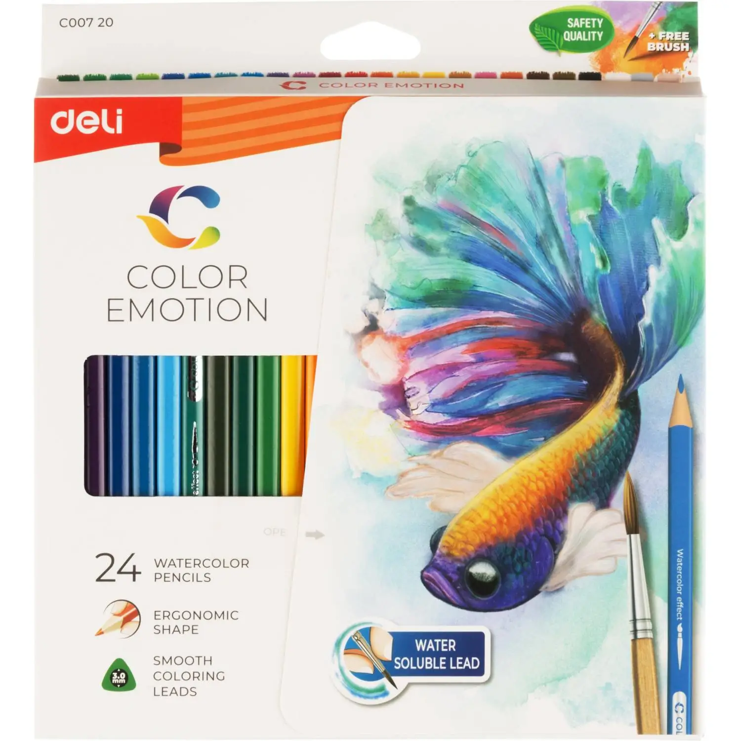 Карандаши акварельные Deli Color Emotion трёхгранные 24 цвета с кистью в наборе