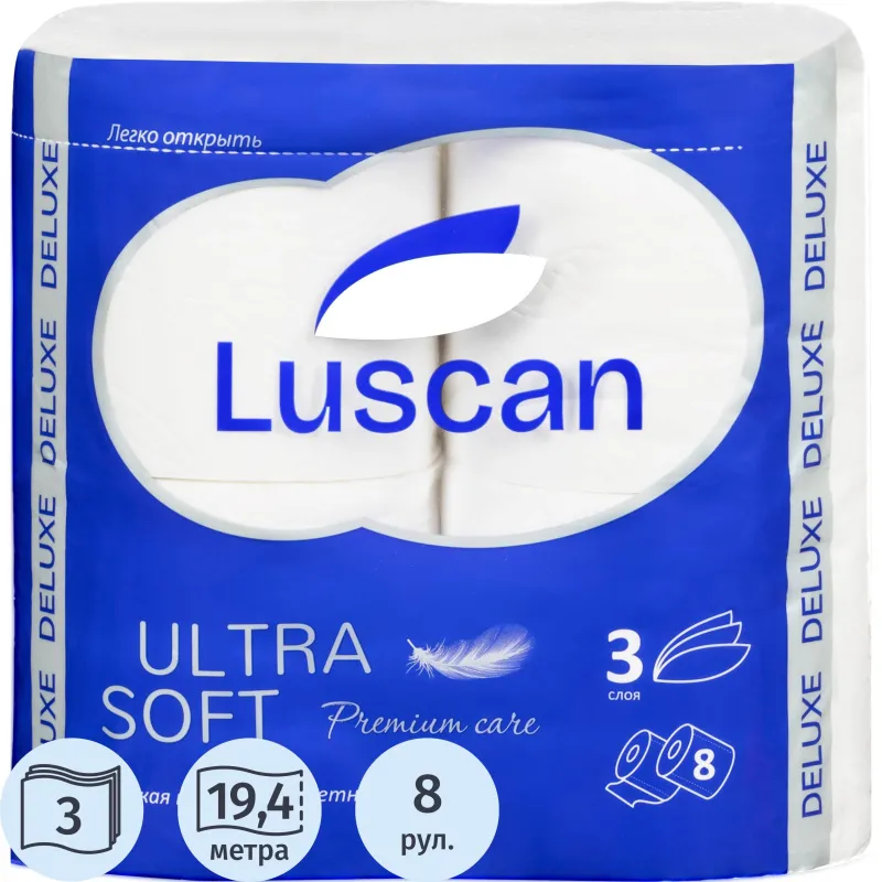 Бумага туалетная Luscan Deluxe 3-слойная белая (8 рулонов в упаковке)
