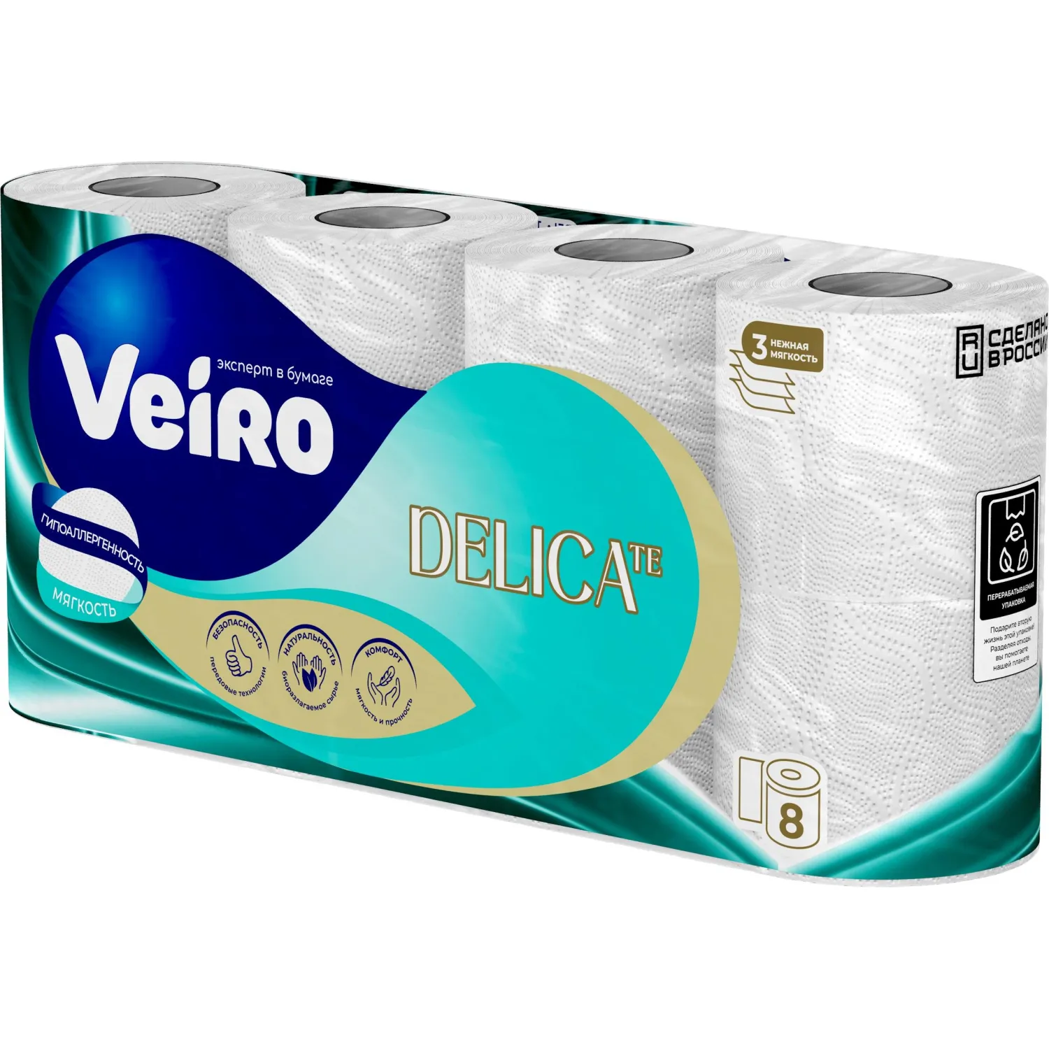 Бумага туалетная Veiro Delicate 3-слойная белая (8 рулонов в упаковке) - Image 6