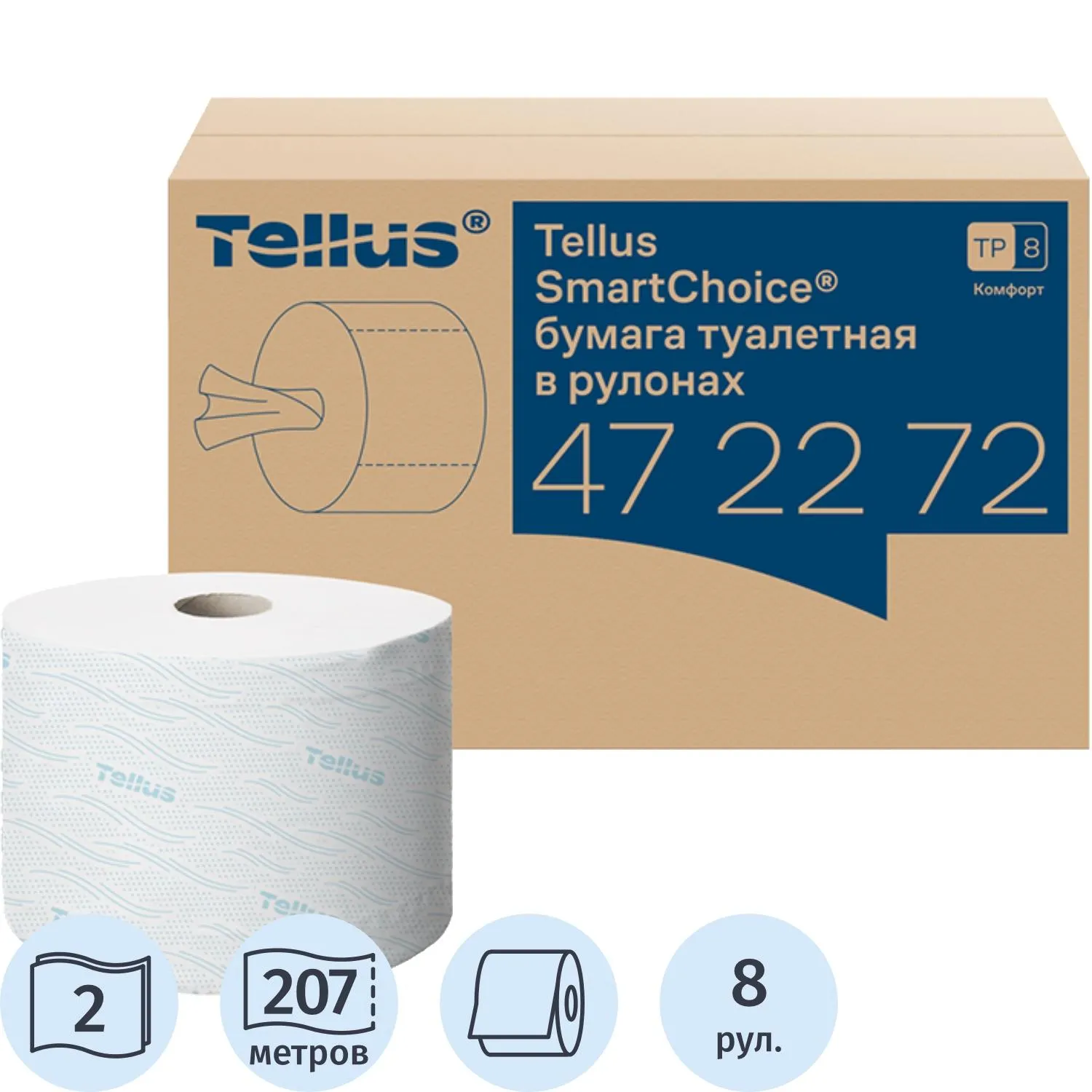 Бумага туалетная рулонная с центральной вытяжкой Tellus SmartOne T8 2-слойная белая 8 рулонов по 206.9 метров (472272)