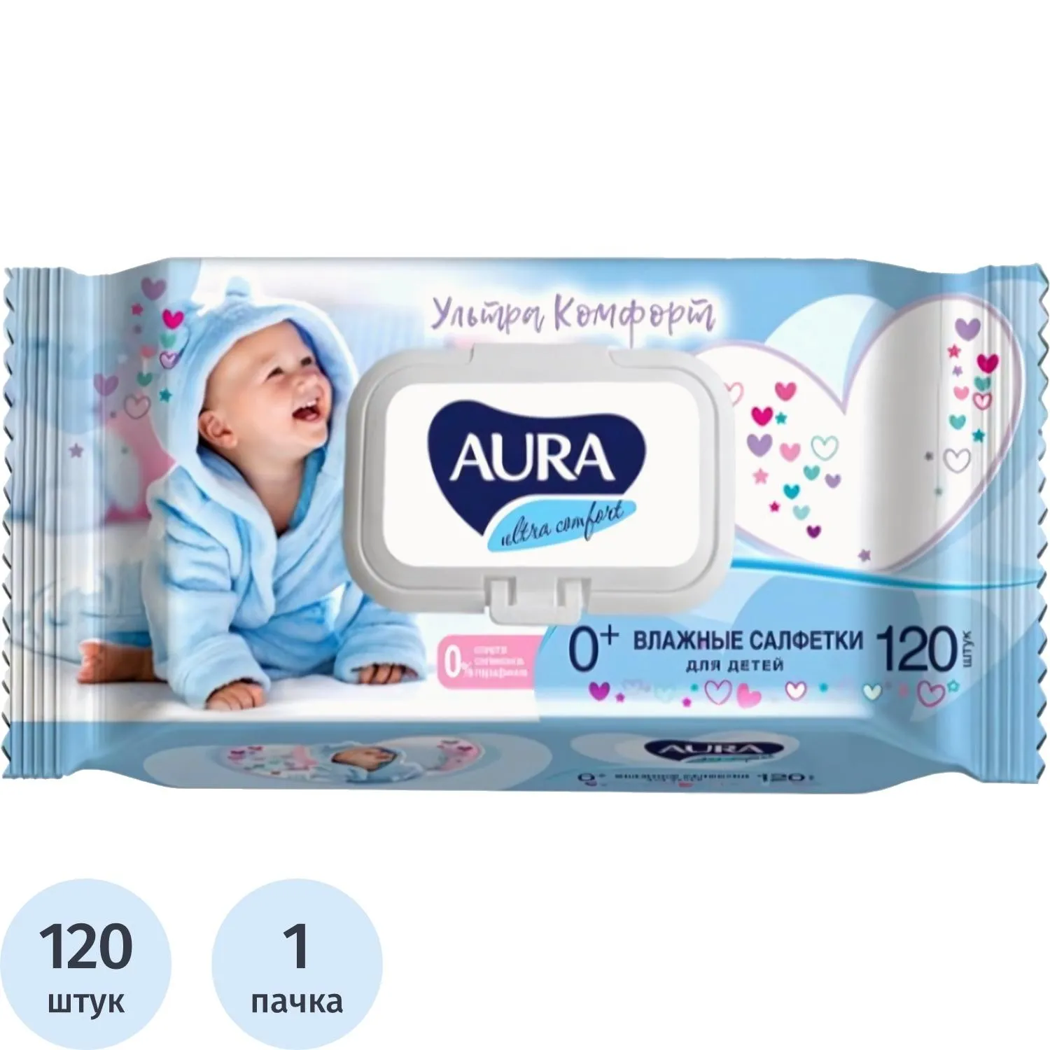 Салфетки влажные Aura Ultra Comfort детские флоупак с жёстким клапаном (120 листов в пачке)